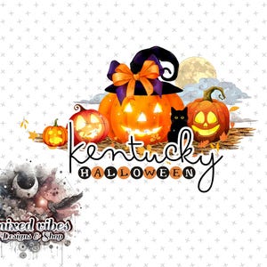 May include: A Halloween-themed design featuring three jack-o'-lantern pumpkins with a black cat in the middle. The pumpkins are decorated with a witch's hat and a bow. The text "Kentucky Halloween" is written in a decorative font below the pumpkins.