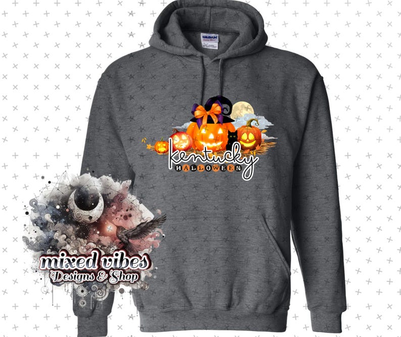 May include: A gray hooded sweatshirt with a graphic design of pumpkins, a black cat, and the text "Kentucky Halloween".
