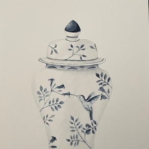 Blau-Weißes Ingwerglas im Chinoiserie-Stil Original Aquarell