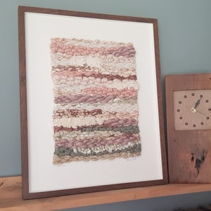 Stillness | Large framed woven art in muted pinks, lilacs and grey greens | Contemporary wall art, original weaving, fibre art