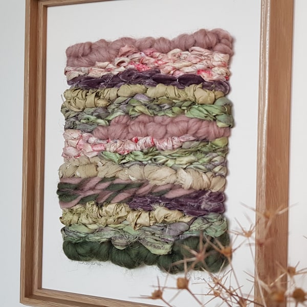 Wisteria | Framed textured woven wall art in greens and lilacs | Wall art, original weaving, fibre art