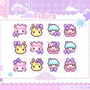 Op de afbeelding: Een verzameling gepixelde flair-ontwerpen in een zacht pastelkleurenpalet. De ontwerpen bevatten personages met strikken en schattige gezichten. Het woord "Flairs" wordt bovenaan weergegeven. De afbeelding heeft een lichtpaarse achtergrond met sterren en wolken.