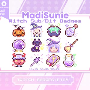 Peut inclure: Ensemble de badges Twitch sur le thème des sorcières, en pixel art. Les badges incluent une citrouille, une sorcière, un chaudron, une potion, une boule de cristal, un chat noir, un balai et un livre de sorts. Le texte "MadiSunie" et "Witch Sub/Bit Badges" est également présent.