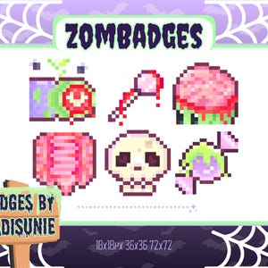 May include: Pixelated zombie-themed badges with the text "Zombadges" and "Badges by Madisunie". The badges include images of a brain, eyeball, and skull. The color palette includes green, red, pink, and purple.