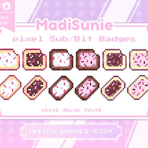 May include: Pixel art Twitch badges showing frosted pastries in pink, brown, and white. The image includes the text "Madi Sunie" and "pixel Sub/Bit Badges". Sizes are listed as 18x18, 36x36, and 72x72 pixels. The text "TWITCH BADGES: ETSY" is also present.