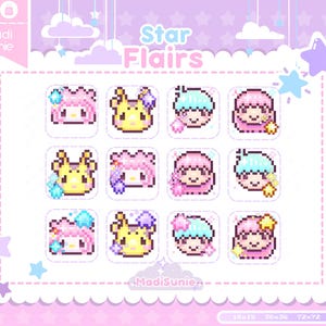 May include: A collection of pixelated character designs in a pastel color palette. The designs include various characters with star-themed accents. The text "Star Flairs" is displayed at the top, with the seller's name, "Madi Sunie," at the bottom.