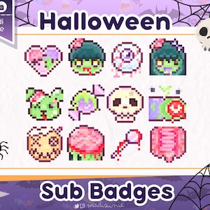 May include: A collection of pixel art Halloween-themed sub badges. The badges include a heart, zombie heads, eyeballs, a skull, a zombie dog, a brain, a jar of goo, a wrapped mummy, a brain, a bloody spoon, and a pink wrapped gift. The word "Halloween" is at the top.