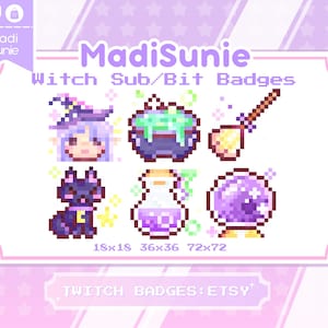 Puede incluir: Conjunto de insignias de Twitch con temática de brujas, en pixel art. La imagen presenta una bruja, un caldero, una escoba, un gato negro, una botella de poción y una bola de cristal. También se muestra el texto "Madi Sunie" y "Witch Sub/Bit Badges".