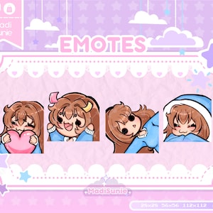 Brown hair chibi girl Emote for Twitch/Discord/Youtube/Twitch Emotes//Emote Pack/Emote Set /4 Pack/Chibi Emote Set/Love Emote/Cheers Emote