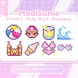 May include: A set of pixel art Twitch sub and bit badges featuring a beach theme. The badges include a beach ball, a sandcastle, a seashell, a glass of lemonade, a pair of sunglasses, a bikini, and a wave.