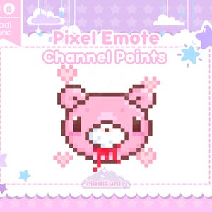 May include: A pink pixelated bear with a red tongue and heart-shaped accents. The image is framed with a white scalloped border and includes the text "Pixel Emote Channel Points" and the name "Madi Sunie". The background is a light purple with star and cloud decorations.