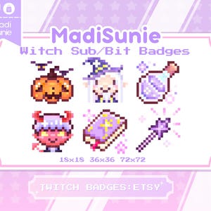May include: A collection of pixel art witch-themed Twitch badges. The badges include a jack-o'-lantern, a witch, a potion bottle, a devil, a spell book, and a magic wand. The text "MadiSunie" and "Witch Sub/Bit Badges" are also visible.