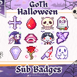Puede incluir: Conjunto de insignias de suscripción de pixel art con temática de Halloween gótico. Las insignias incluyen una cruz, una gota de sangre, una calavera, una lápida, una parca, unos labios, un vampiro, un murciélago, un ataúd, una rosa, un cuchillo ensangrentado y un fantasma.