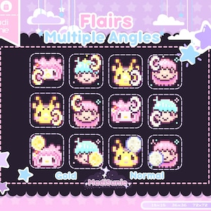 May include: A digital art print featuring pixelated character designs in pink, yellow, and blue. The image includes the text "Flairs Multiple Angles", with the words "Gold" and "Normal" at the bottom. The background is a light purple with stars.