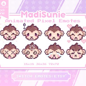 Puede incluir: Una colección de ocho emoticonos animados en píxeles que representan una cara de mono con diversas expresiones. Los emoticonos son en tonos marrones, rosas y blancos, con tamaños de 18x18, 36x36 y 72x72. Se muestra el texto "MadiSunie" y "Animated Pixel Emotes".