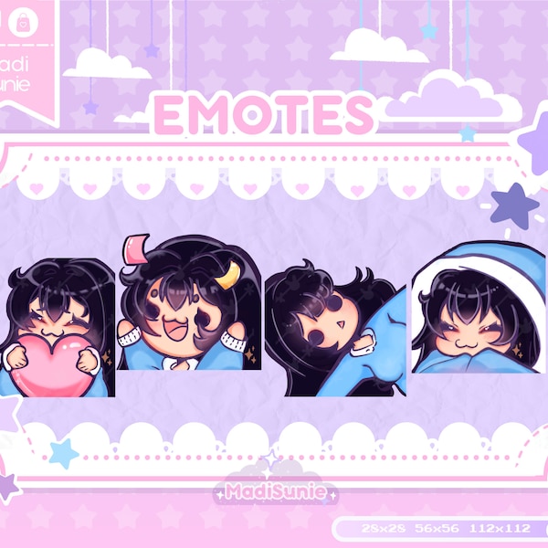 Black Haired Girl Emote for Twitch/Discord/Youtube/Twitch Emote/Cute Chibi/Emote Pack/Kawaii /4 Pack/Chibi Emote Set/Love Emote/Cheers Emote