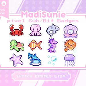 12 Pixel Sea Creature/Ocean |Bit Badges for Twitch,Discord,Kawaii| shark, sea turtle, whale, fish, crab, Octopus,Bubble,water, sea Sub Badge