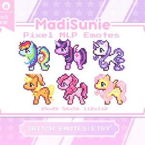 Pixel MLP エモート | 6 つのかわいいチャンネルポイント | Twitch、Discord、Vtuber/streame | 8 ビット、レインボーポニー、マイリトルキャラクター、レトロ、フラッター、トワイライト、ピンキー