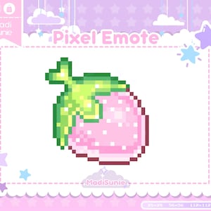 May include: A pixelated strawberry emote in shades of pink and green. The image is framed with a white border and set against a pastel purple background with stars and clouds. Text includes "Pixel Emote" and "Madi Sunie".