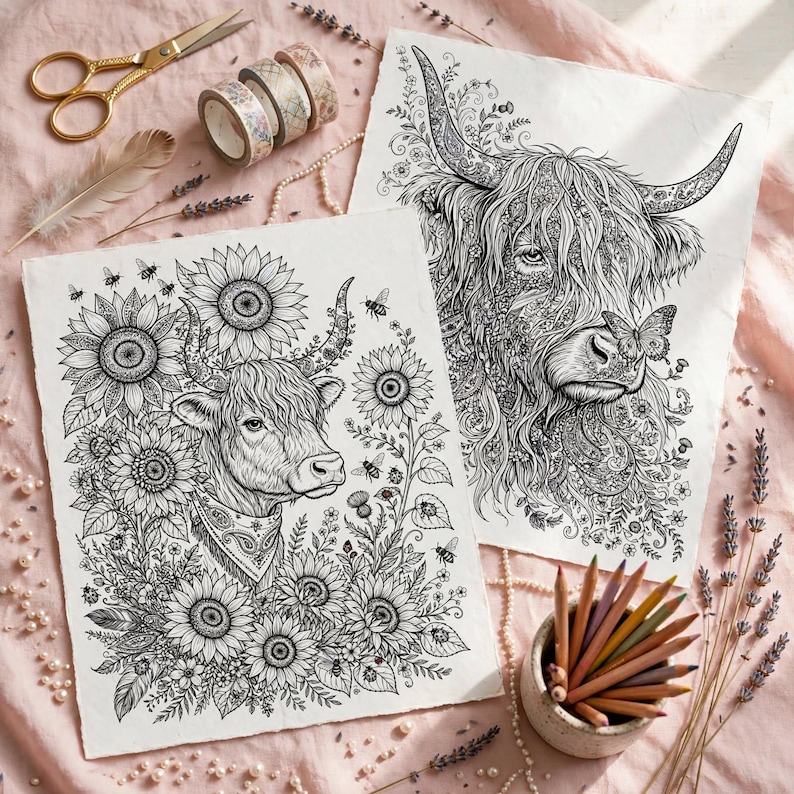 Highland Cow Coloring Book Printable, 40 Coloring Pages for Adults ...