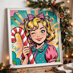 May include: A framed pop art illustration featuring a winking person with blonde hair and a pink bow, holding a large red and white candy cane. The background displays a vibrant comic book style pattern with teal, yellow, and pink dots.