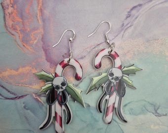 Christmas Skull Candy Cane dangle earrings