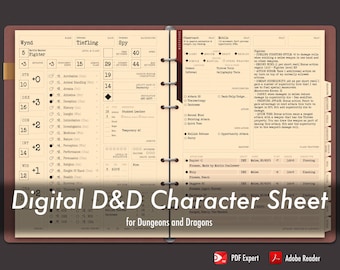 Puede incluir: Una hoja de personaje digital de Dungeons and Dragons con un fondo marrón y crema. La hoja está llena de información sobre el personaje, incluyendo su nombre, raza, clase y habilidades. El nombre del personaje es Wynd, y es un luchador Tiefling.