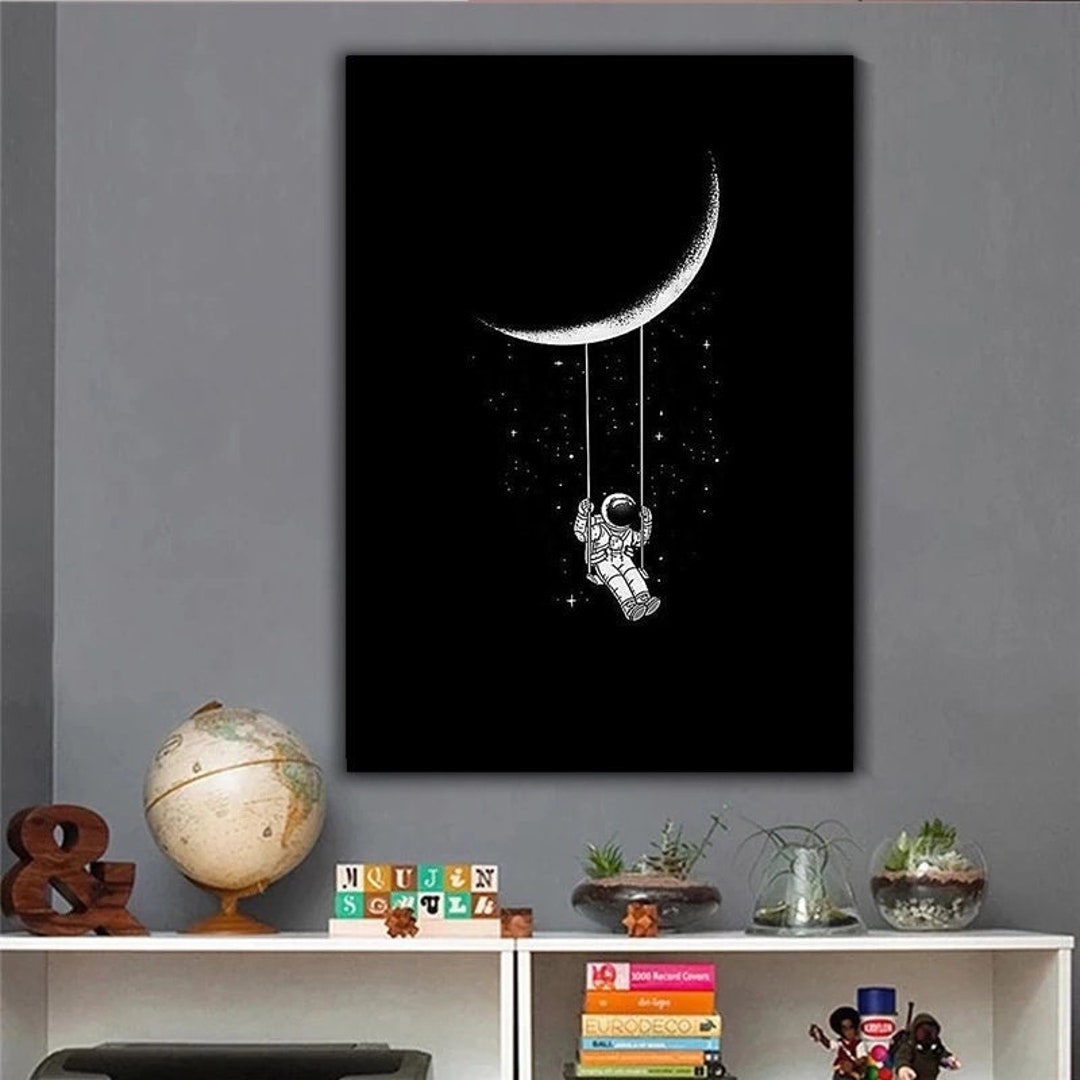 Astronaut Swinging on the Moon Canvas Wall Art , Half Moon Canvas ...