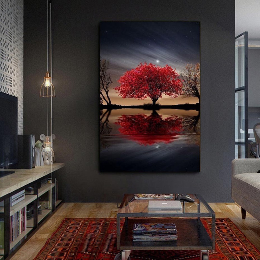 Red Flower Tree Canvas Wall Art Tree Canvas Home Decor Etsy