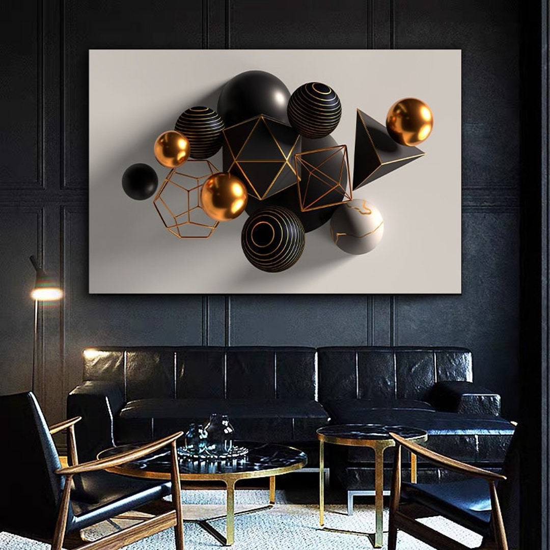 Geometric Shapes Canvas Wall Art , Gold Black Canvas Painting , Luxury