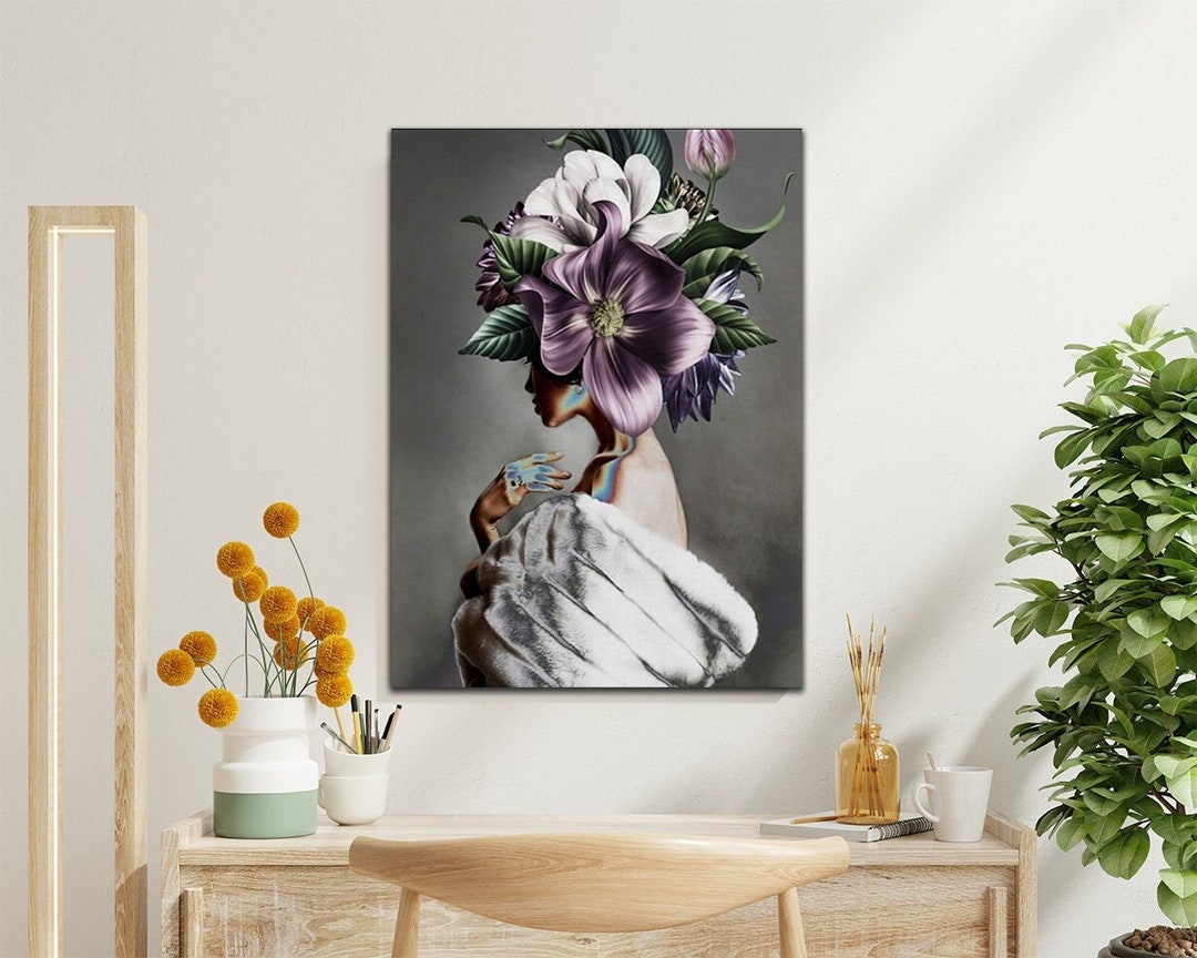 Woman With Flower Head Canvas Print, Modern Wall Art, Woman With Leaf