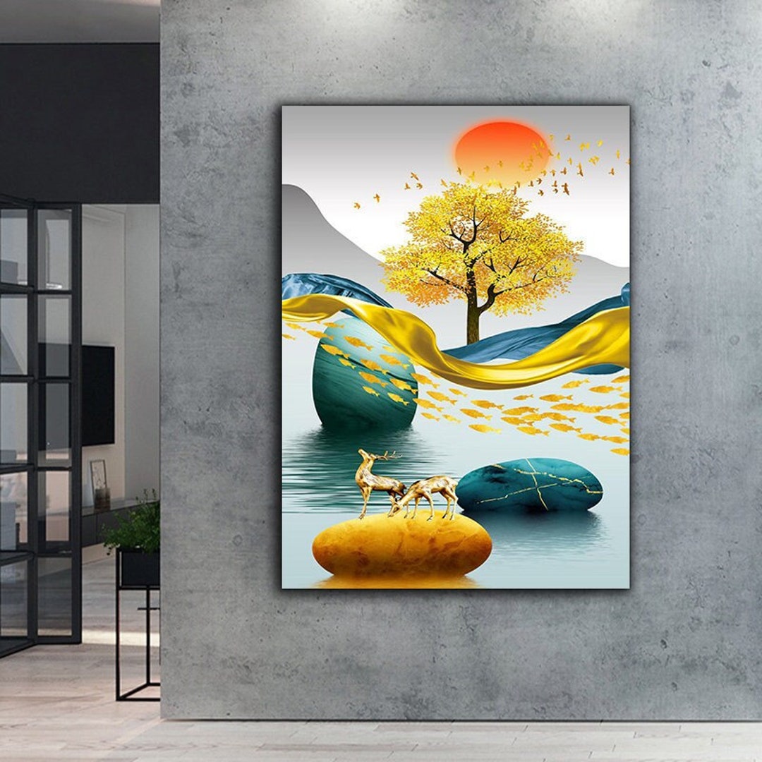 Gold Tree Canvas Wall Art Gold Deers Canvas Painting , Gold Fishes