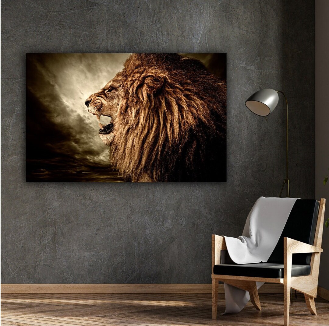 Roaring Lion Against Stormy Sky Art Lion Canvas Wall Art Lion Wall