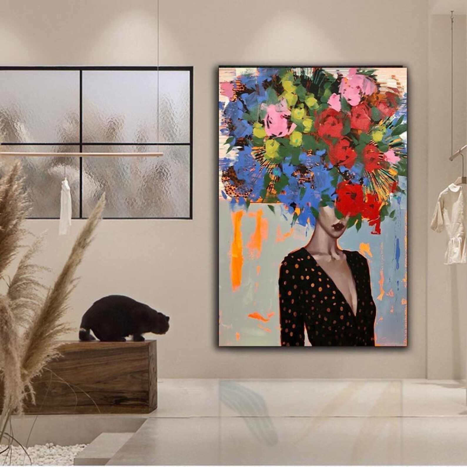 Colorful Flower Head Woman Canvas Wall Art Flower Head Woman Etsy