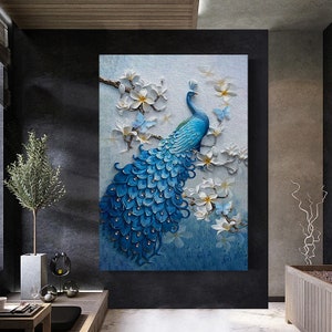 blue peacock canvas wall art , peacock canvas print ,peacock  canvas painting , animal kingdom wall decor  , ready to hang canvas print