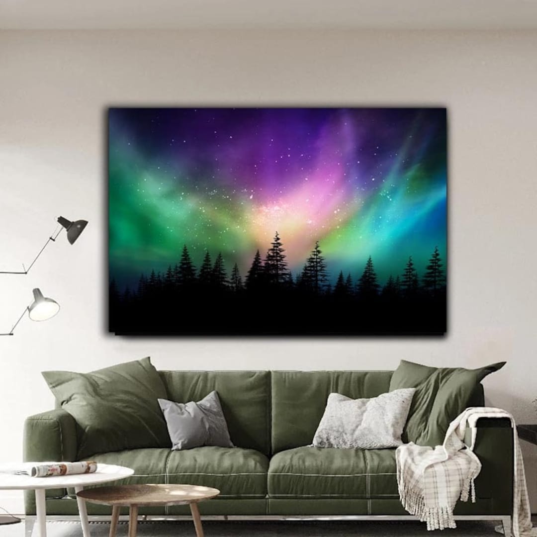 Northern Lights Canvas Wall Art , Forest Canvas Painting , Landscape Canvas Print, Modern Home