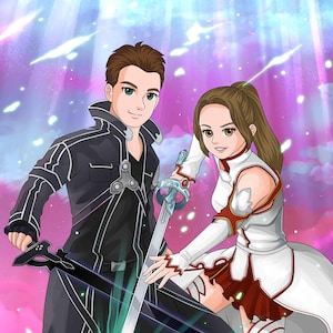 Ritratto anime personalizzato con spada / Ritratto di coppia anime personalizzata con spade / Illustrazione di un personaggio anime personalizzato con spadaccino
