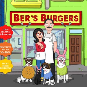 Portrait de famille personnalisé | Couple de dessin animé personnalisé dans une scène de hamburger | Portrait de famille en tablier personnalisé | Fête des pères