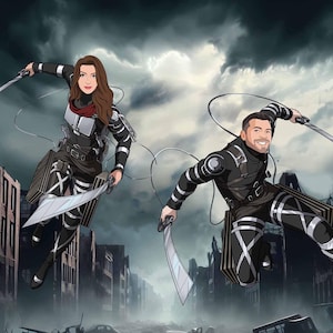Personalized Wall Defender Portrait | Personalized Twin Blade Warrior Drawing | Custom Anime-Inspired Titan Slayer Portrait | Father's Day