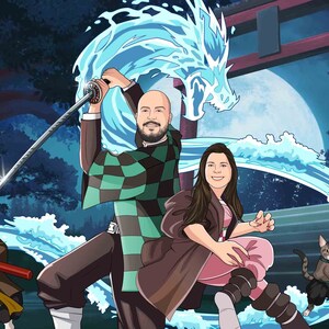 カスタムアニメスタイル記念日ポートレート | パーソナライズされたカップルアニメポートレート | デジタルアニメウェディングポートレート | かわいいカップルアニメポートレート