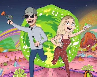 Custom Funny Cartoon Portrait with Portal Background | Personalized Cartoon in Green Portal World | Custom Green Portal Couple Drawing