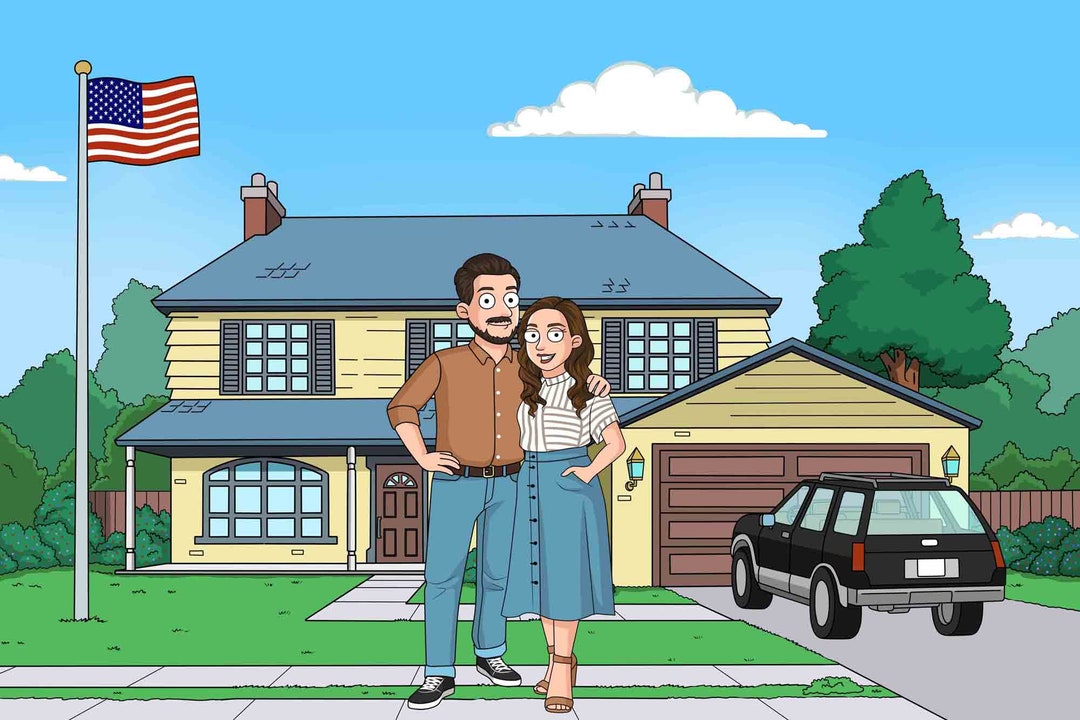 Custom American Family Cartoon Portrait, Couple American Portrait From