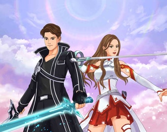 Custom Anime SAO Portrait from photo, Personalized Couple SAO portrait, Custom Family Anime Portrait, Mother's Day portrait