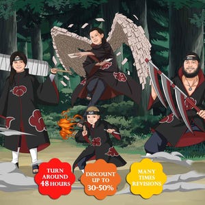 Gepersonaliseerde Shinobi-personageillustratie | Aangepast anime-ninjaportret | Gepersonaliseerd portret Shinobi-krijger | Uniek Vaderdagcadeau