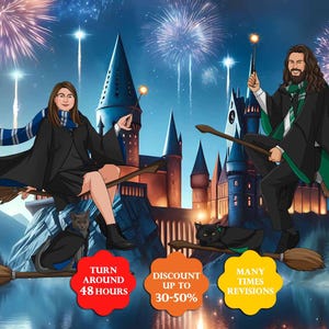 Custom Wizard & Witch Couple Portrait | Personalized Wizard School Portrait | Custom Wand Wielder Portrait | Father's Day Unique Gift