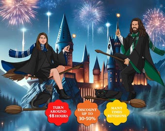 Custom Wizard & Witch Couple Portrait | Personalized Wizard School Portrait | Custom Wand Wielder Portrait | Father's Day Unique Gift