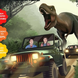 Custom Jurassic Couple Portrait | Personalized Jungle Adventure Style  Drawing | Custom Dinosaur Safari Portrait | Father's Day Unique Gift