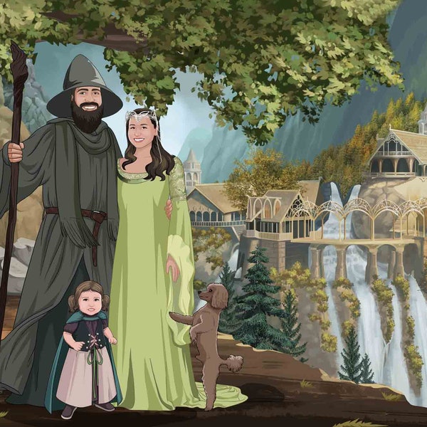 Ritratto LOTR di coppia personalizzato, Ritratto LOTR di famiglia personalizzato da foto, ritratto della festa della mamma