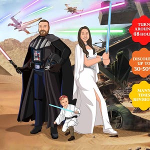 Custom Couple Portrait in Galaxy Battle Style | Custom Lightsword Warrior Portrait | Custom Dark Force Portrait | Gifts for Father&#39;s Day