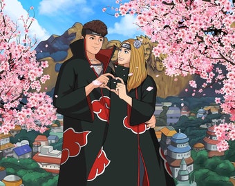 Personalized Couple Ninja Anime, Custom Family Ninja Anime Commission, Mother's Day portrait